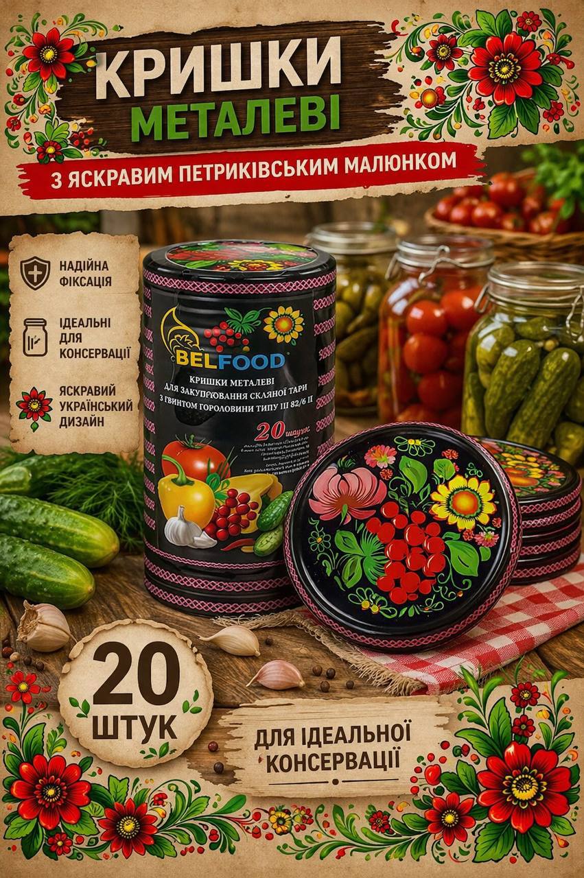 Кришки для консервації Belfood з петриківським розписом ТО 1-82 Black